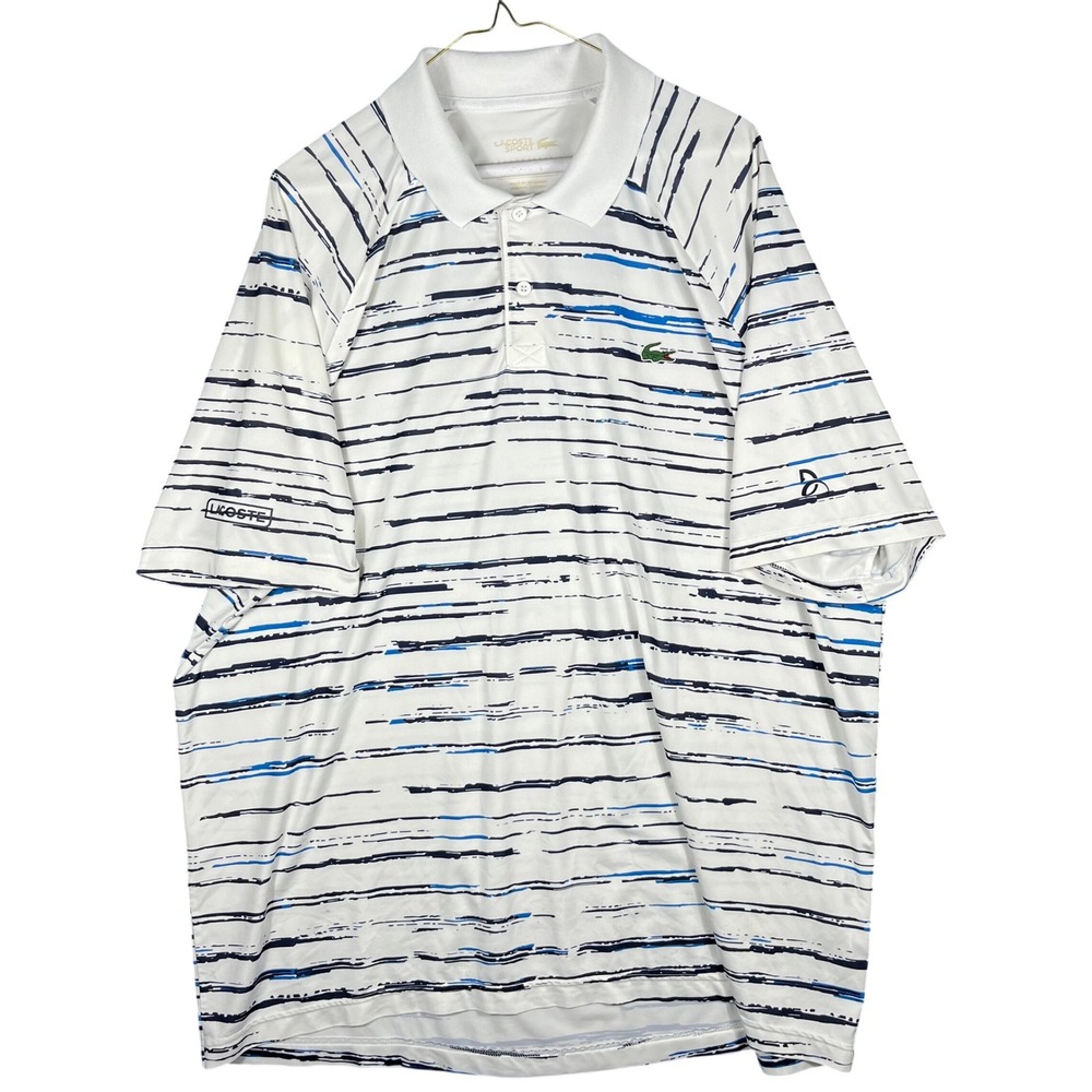 Lacoste Sport Novak Djokovic Mens 4XL White Blue Striped Performance Polo Shirt